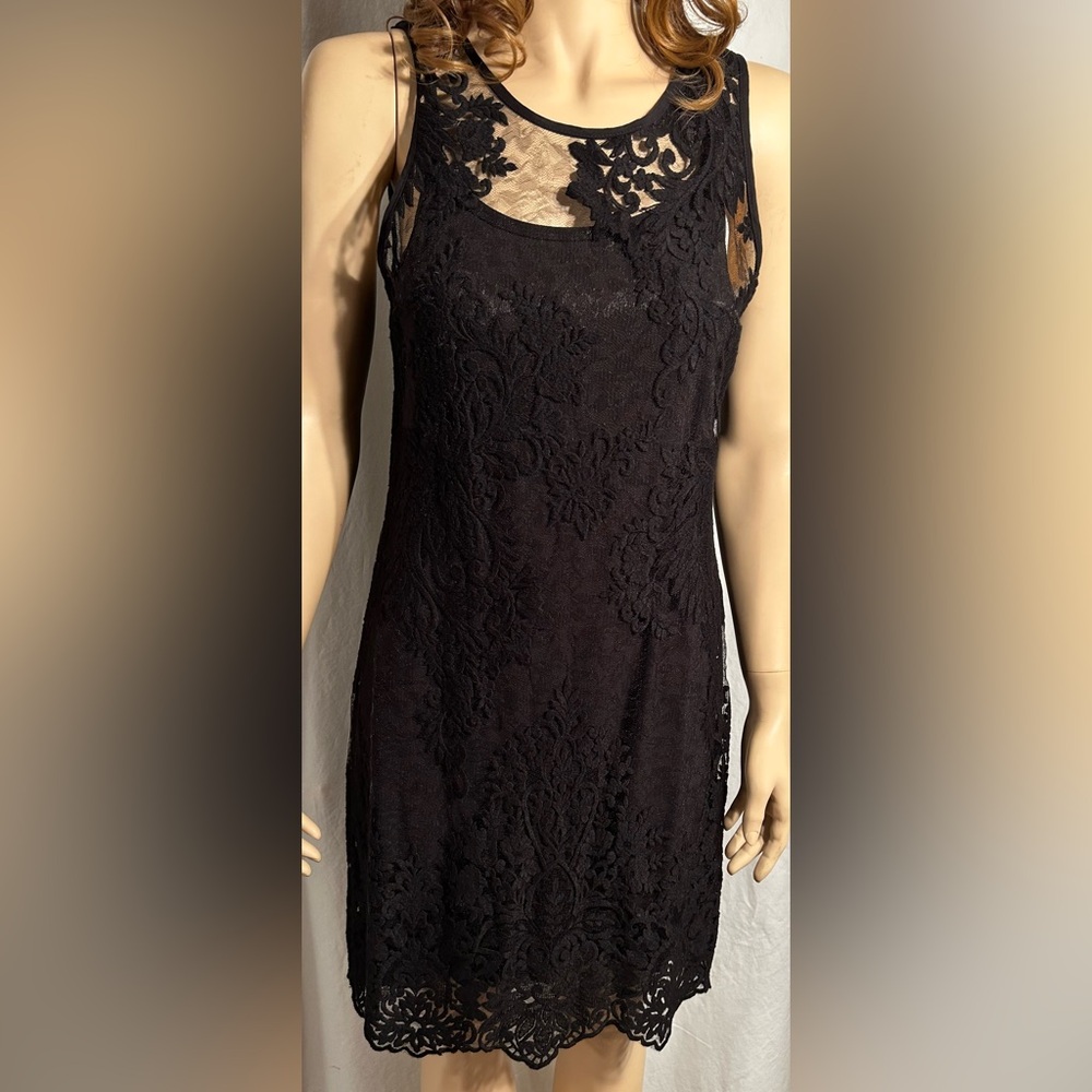 WOMENS SMALL BLACK SLEEVELESS PULLOVER DRESS W/SHEER LACE OVERLAY